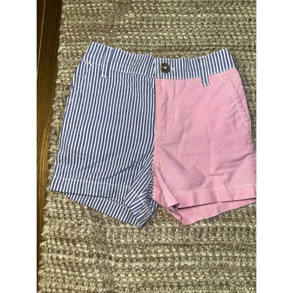 Ralph Lauren asymmetrical blue and white pin stripe and pink color block shorts
